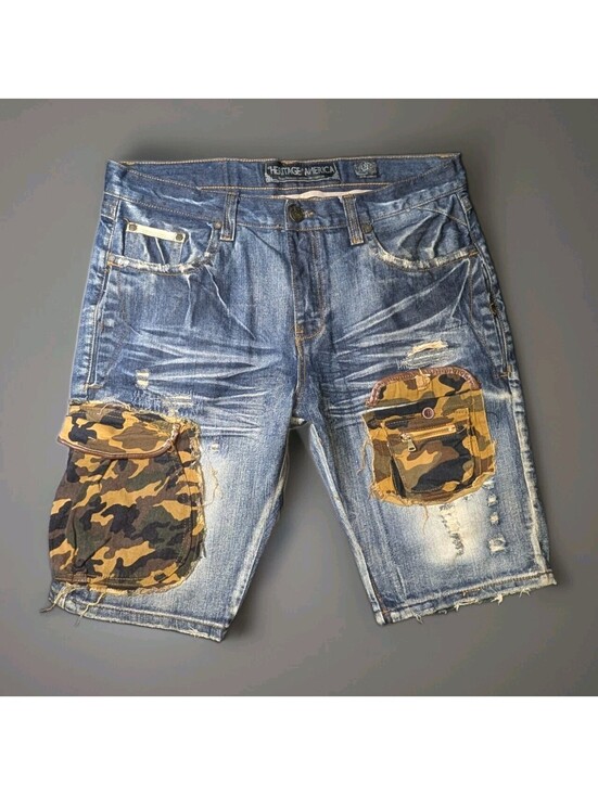 Camo Other - Denim Distillery Heritage America Jeans Shorts Camo Cargo Distressed 38
